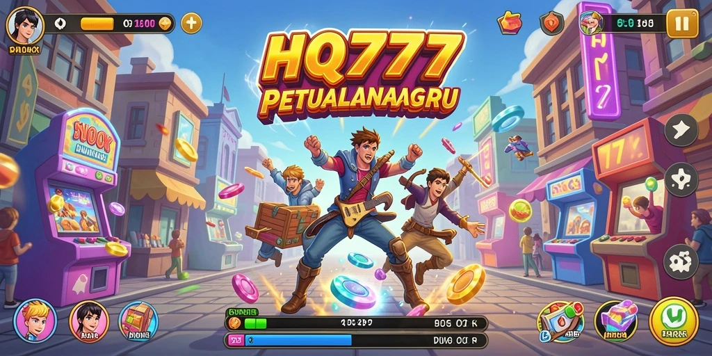 Tampilan gameplay seru HQ777 dalam dunia arcade yang penuh warna.